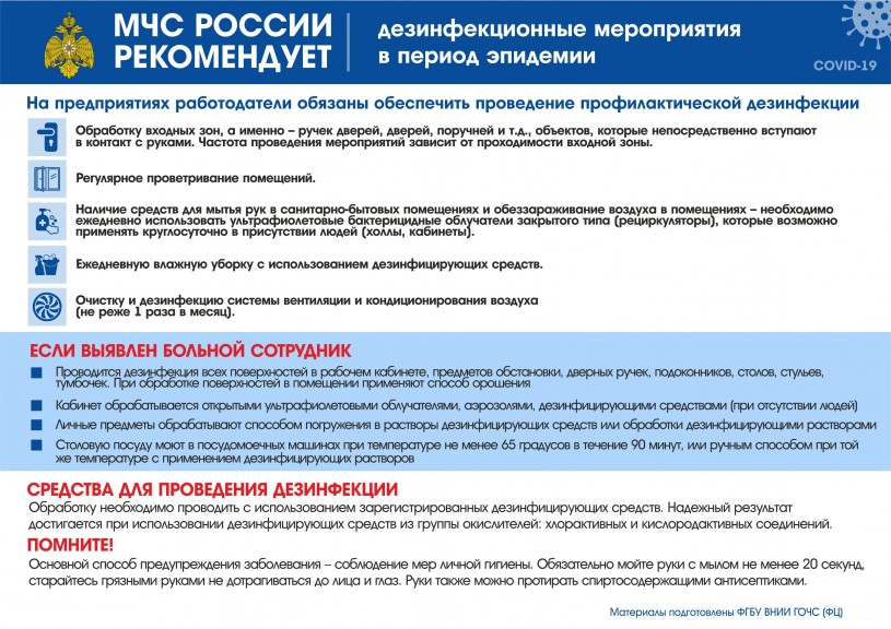 МЧС России рекомендует: дезинфекционные мероприятия в период осложнения эпидемиологической ситуации